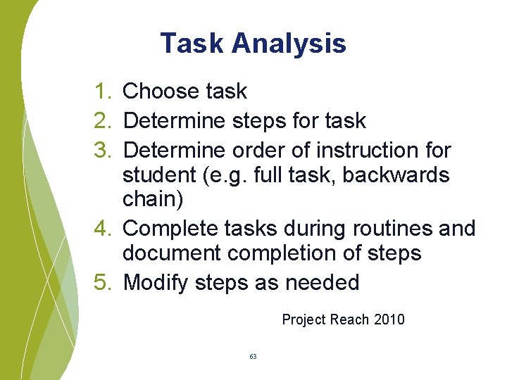 Task Analysis 1. Choose task 2. Determine steps for task 3. Determine order of