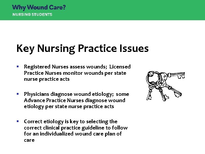 Key Nursing Practice Issues § Registered Nurses assess wounds; Licensed Practice Nurses monitor wounds