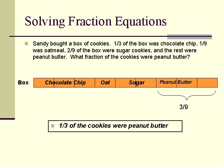 Solving Fraction Equations n Sandy bought a box of cookies. 1/3 of the box
