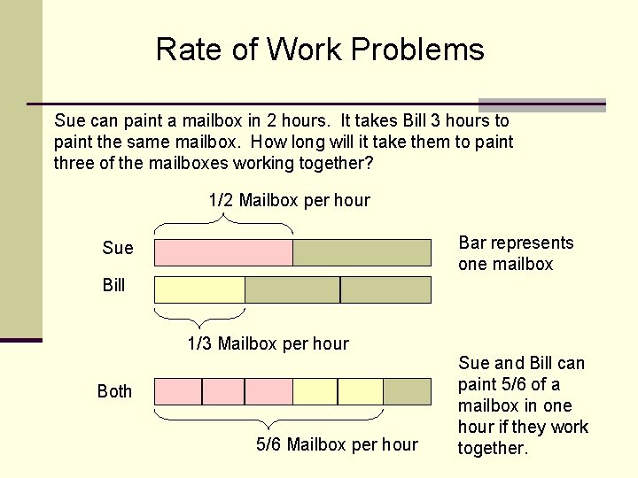 Rate of Work Problems Sue can paint a mailbox in 2 hours. It takes