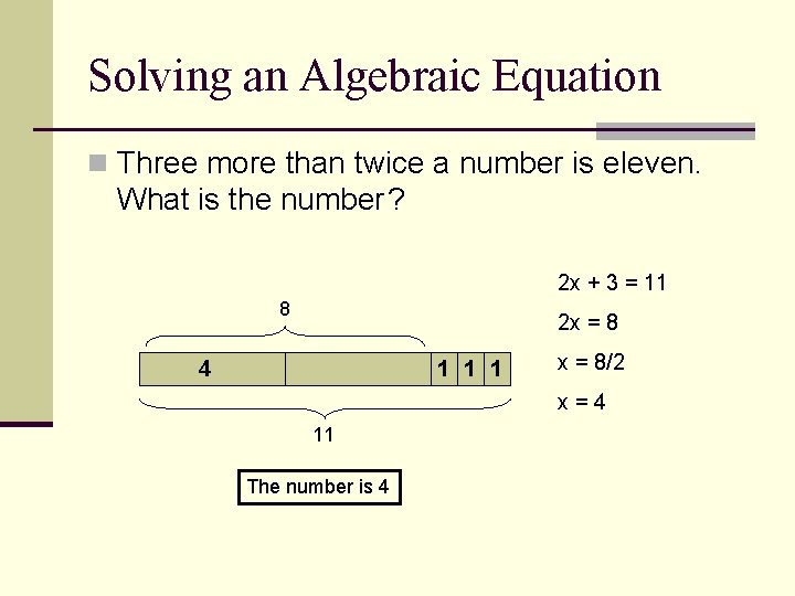 Solving an Algebraic Equation n Three more than twice a number is eleven. What