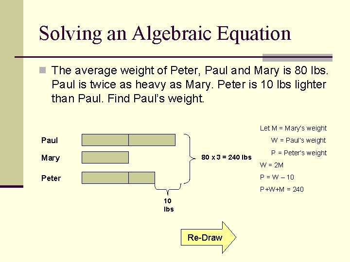Solving an Algebraic Equation n The average weight of Peter, Paul and Mary is