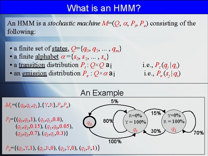 What is an HMM? An HMM is a stochastic machine M=(Q, , Pt, Pe)