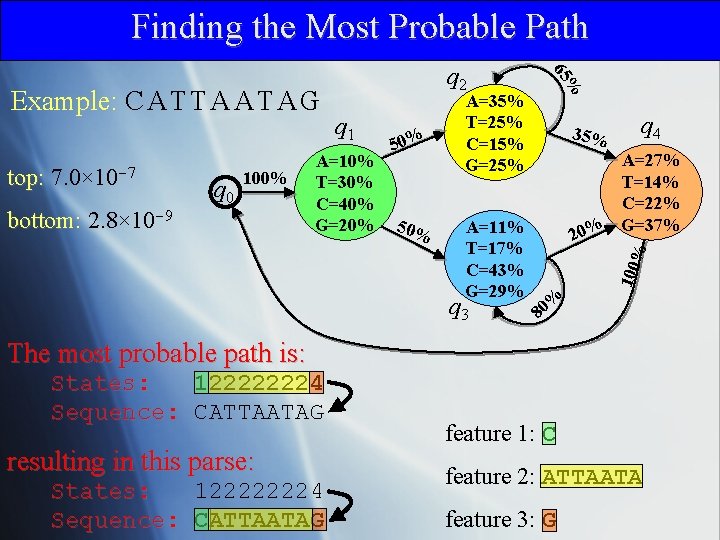 Finding the Most Probable Path 100% bottom: 2. 8× 10 -9 50% A=11% T=17%