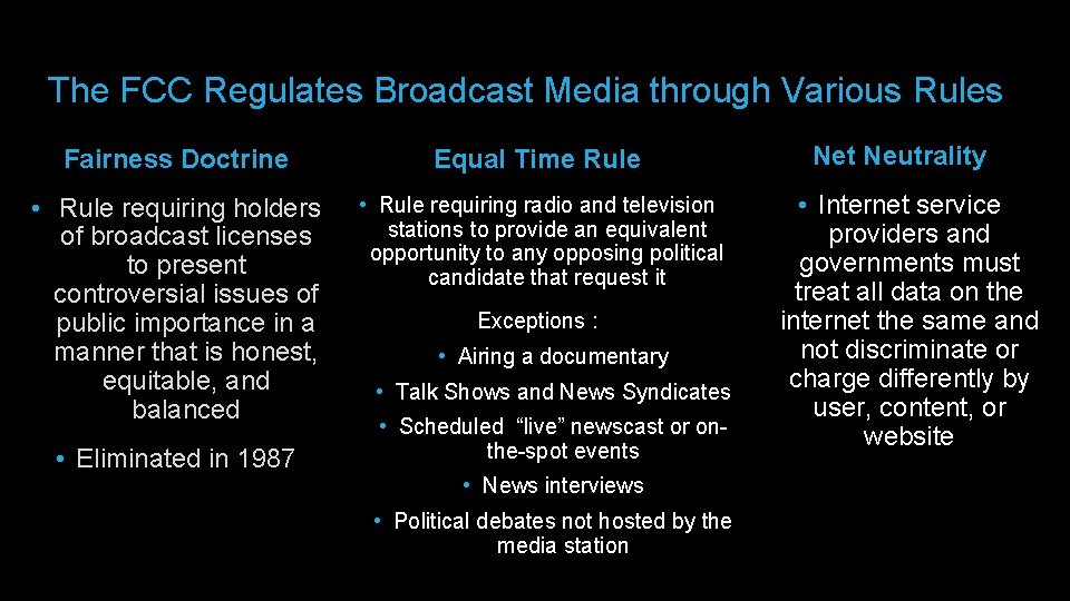 The FCC Regulates Broadcast Media through Various Rules Fairness Doctrine Equal Time Rule •