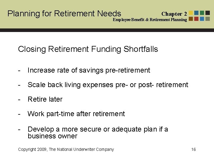 Planning for Retirement Needs Chapter 2 Employee Benefit & Retirement Planning Closing Retirement Funding