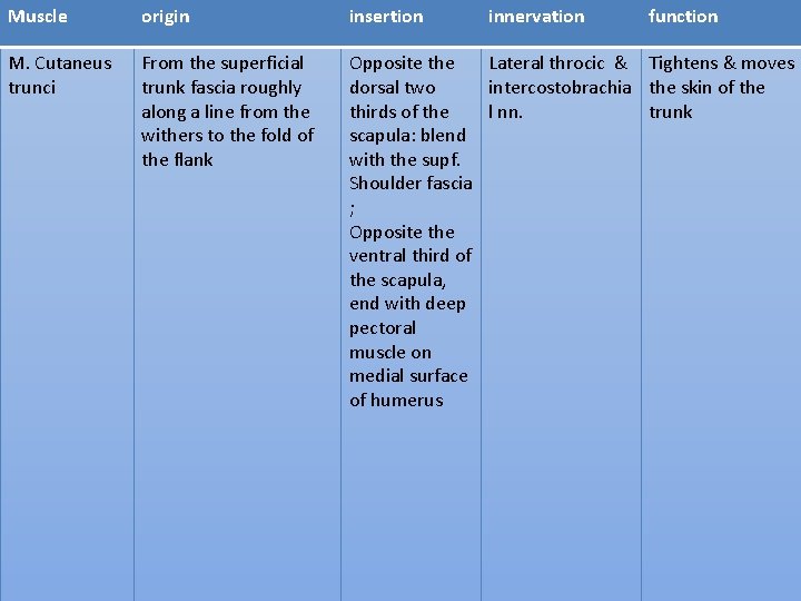 Muscle origin insertion innervation function M. Cutaneus trunci From the superficial trunk fascia roughly