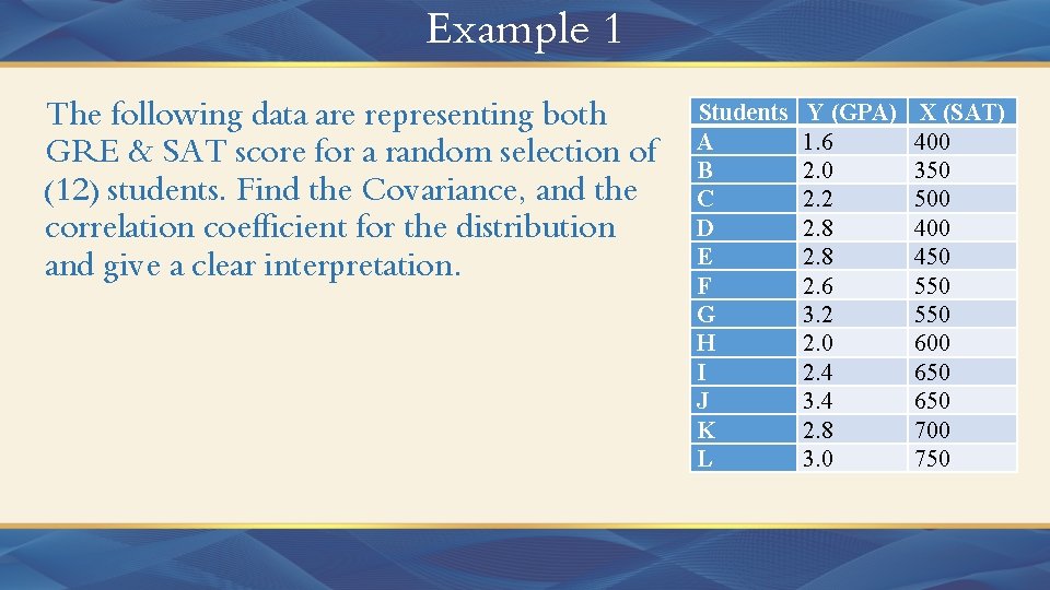 Example 1 The following data are representing both GRE & SAT score for a