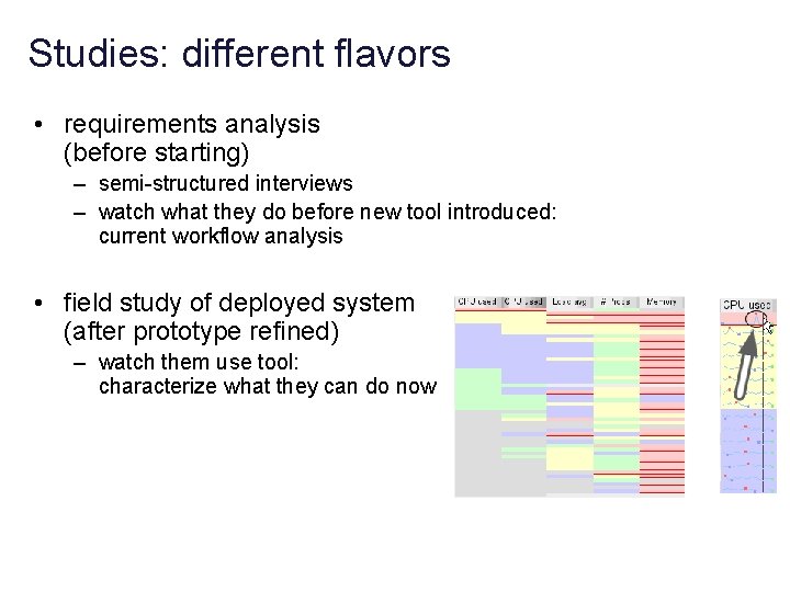 Studies: different flavors • requirements analysis (before starting) – semi-structured interviews – watch what