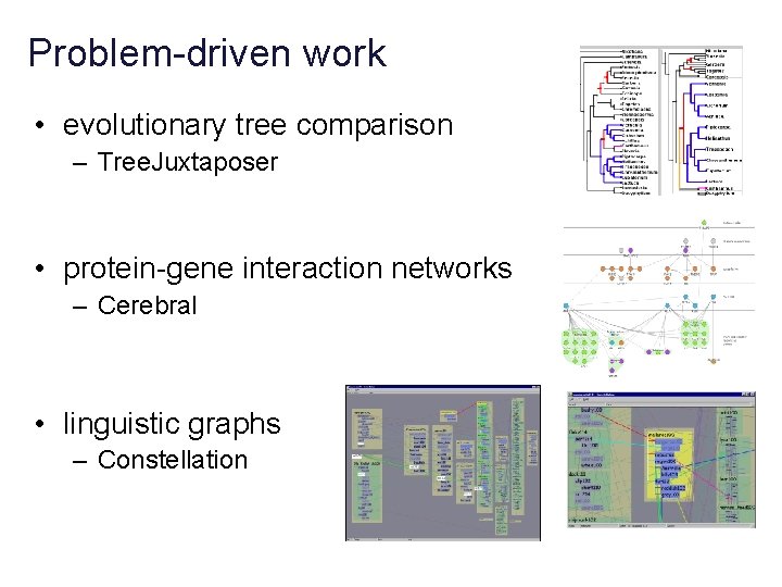 Problem-driven work • evolutionary tree comparison – Tree. Juxtaposer • protein-gene interaction networks –