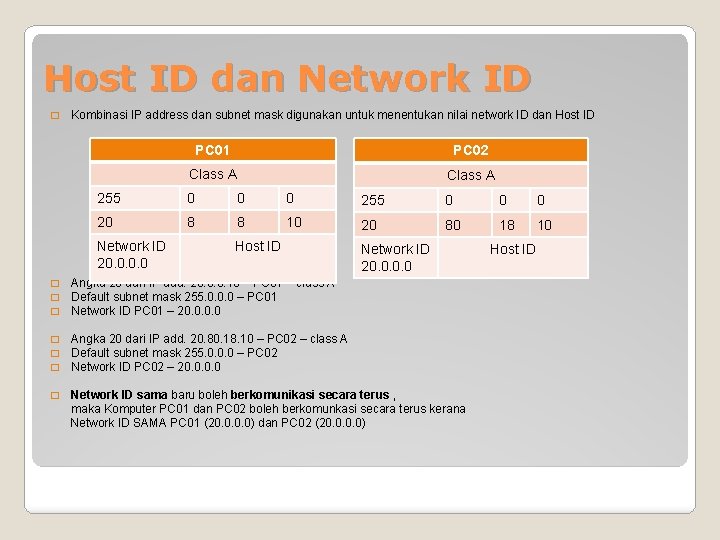 Host ID dan Network ID � Kombinasi IP address dan subnet mask digunakan untuk
