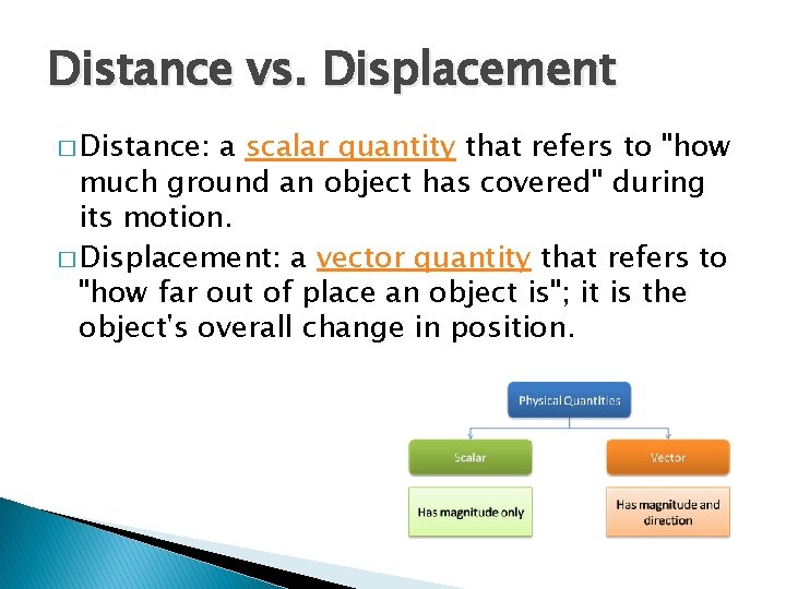 Distance vs. Displacement � Distance: a scalar quantity that refers to "how much ground