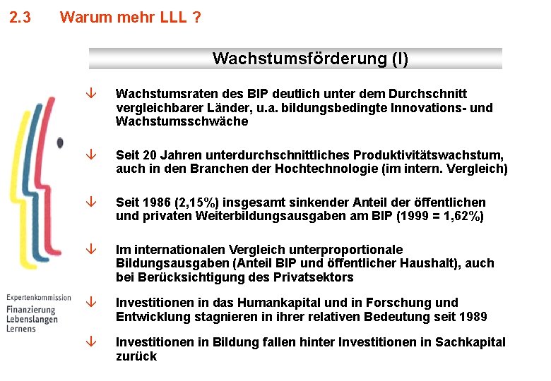 2. 3 Warum mehr LLL ? Wachstumsförderung (I) â Wachstumsraten des BIP deutlich unter