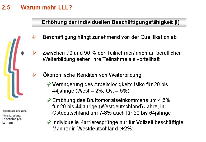 2. 5 Warum mehr LLL? Erhöhung der individuellen Beschäftigungsfähigkeit (I) â Beschäftigung hängt zunehmend