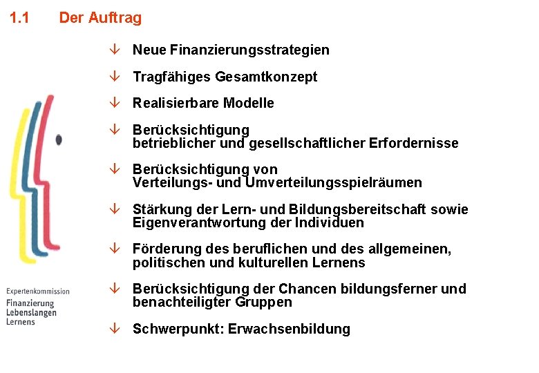 1. 1 Der Auftrag â Neue Finanzierungsstrategien â Tragfähiges Gesamtkonzept â Realisierbare Modelle â