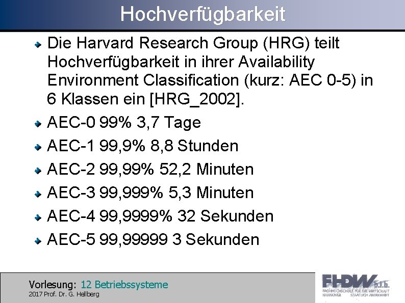 Hochverfügbarkeit Die Harvard Research Group (HRG) teilt Hochverfügbarkeit in ihrer Availability Environment Classification (kurz: