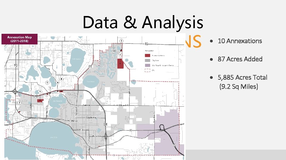 Data & Analysis ANNEXATIONS 10 Annexations 87 Acres Added 5, 885 Acres Total (9.
