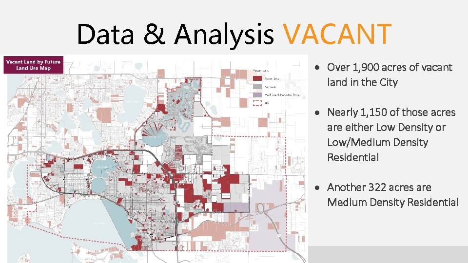 Data & Analysis VACANT 1, 900 acres of vacant LAND USES Over land in