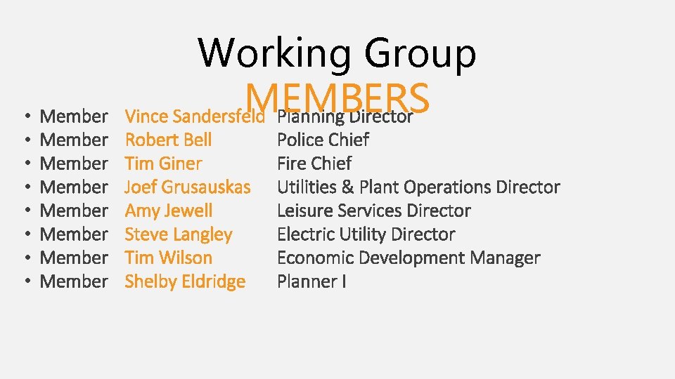  • • Member Member Working Group MEMBERS Vince Sandersfeld Planning Director Robert Bell