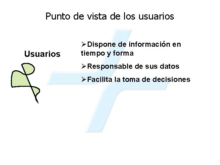 Punto de vista de los usuarios Usuarios ØDispone de información en tiempo y forma