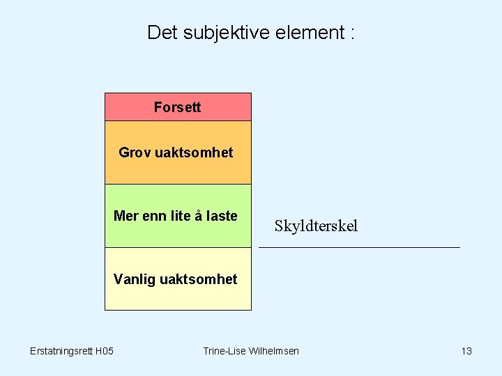 Det subjektive element : Forsett Grov uaktsomhet Mer enn lite å laste Skyldterskel Vanlig