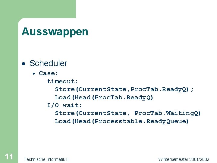 Ausswappen · Scheduler · 11 Case: timeout: Store(Current. State, Proc. Tab. Ready. Q); Load(Head(Proc.