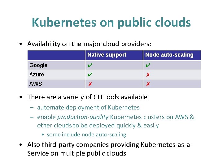 Kubernetes on public clouds • Availability on the major cloud providers: Native support Node