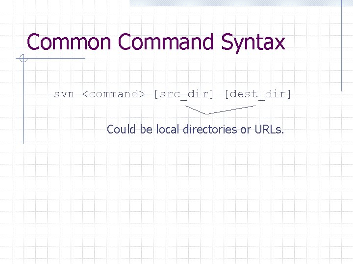 Common Command Syntax svn <command> [src_dir] [dest_dir] Could be local directories or URLs. 