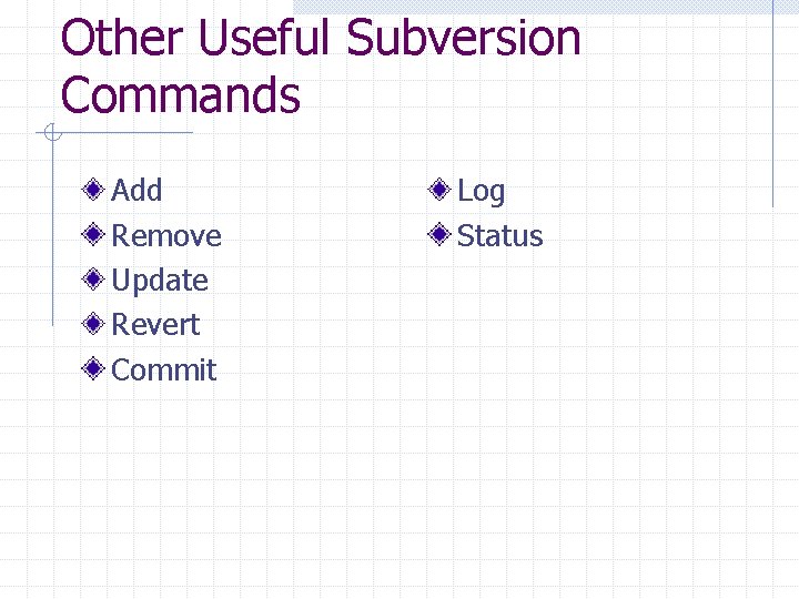 Other Useful Subversion Commands Add Remove Update Revert Commit Log Status 