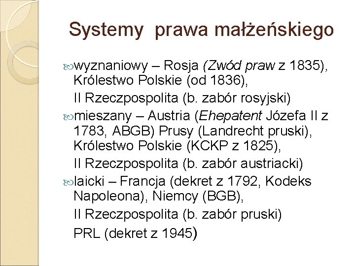 Systemy prawa małżeńskiego wyznaniowy – Rosja (Zwód praw z 1835), Królestwo Polskie (od 1836),