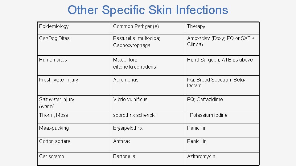Other Specific Skin Infections Epidemiology Common Pathgen(s) Therapy Cat/Dog Bites Pasturella multocida; Capnocytophaga Amox/clav