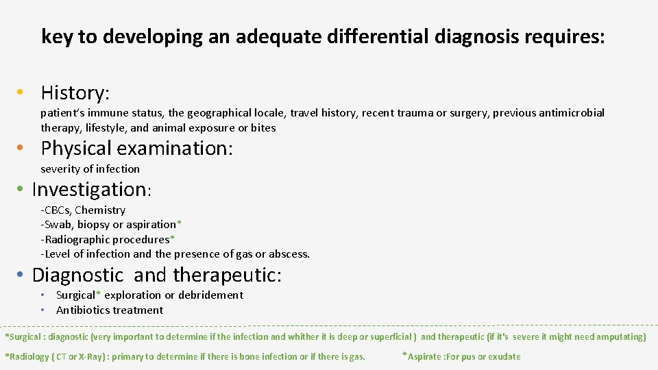 key to developing an adequate differential diagnosis requires: • History: patient’s immune status, the