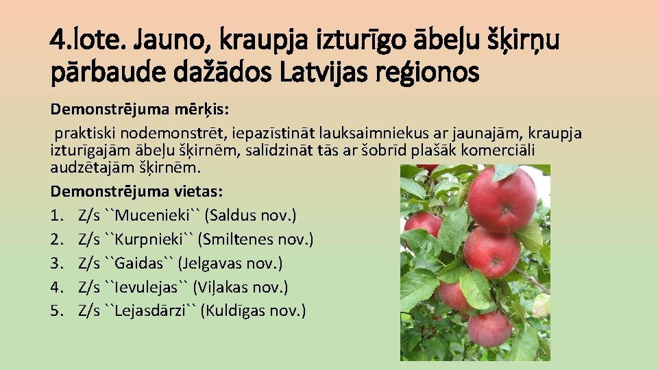 4. lote. Jauno, kraupja izturīgo ābeļu šķirņu pārbaude dažādos Latvijas reģionos Demonstrējuma mērķis: praktiski