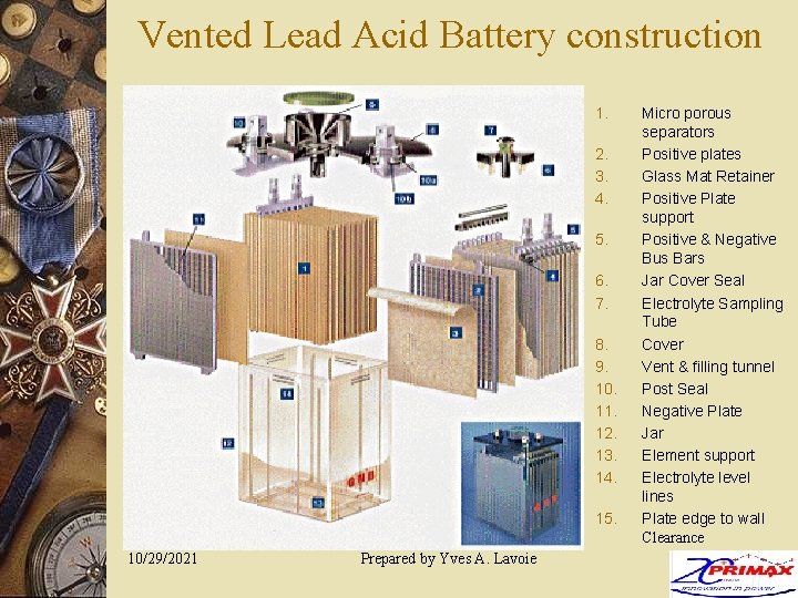 Vented Lead Acid Battery construction 1. 2. 3. 4. 5. 6. 7. 8. 9.