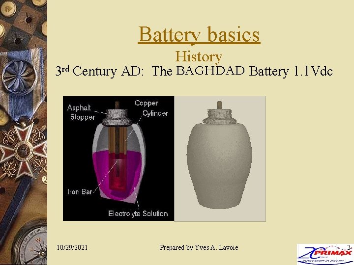 Battery basics History 3 rd Century AD: The BAGHDAD Battery 1. 1 Vdc 10/29/2021