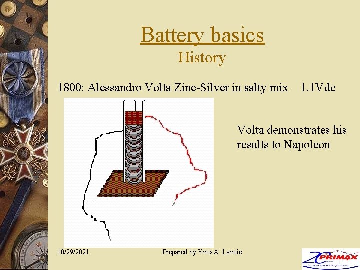 Battery basics History 1800: Alessandro Volta Zinc-Silver in salty mix 1. 1 Vdc Volta