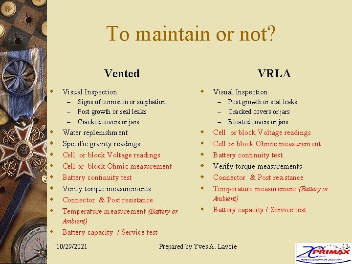 To maintain or not? Vented w w w Visual Inspection – – – w