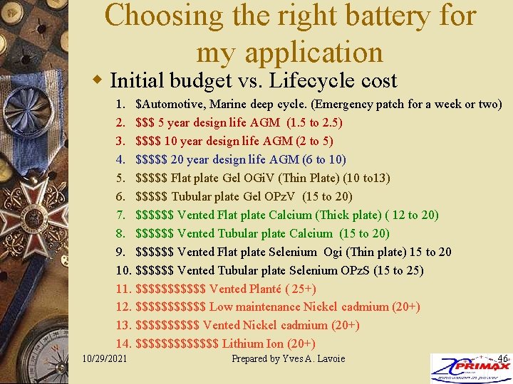 Choosing the right battery for my application w Initial budget vs. Lifecycle cost 1.