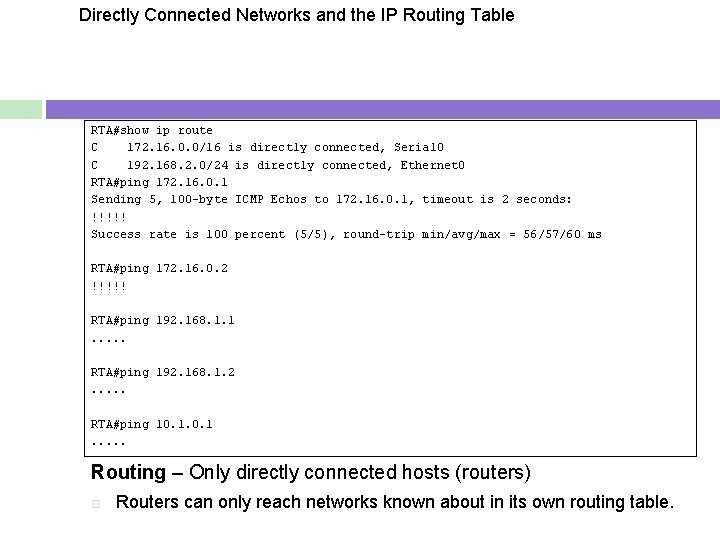 Directly Connected Networks and the IP Routing Table RTA#show ip route C 172. 16.