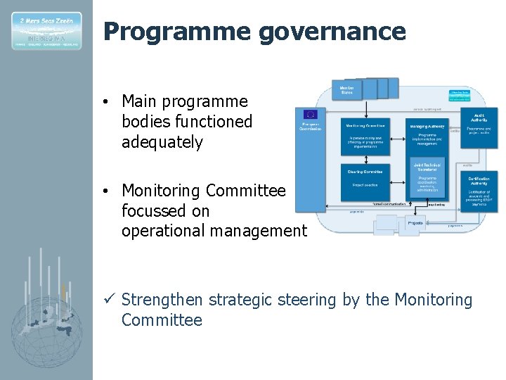 Programme governance • Main programme bodies functioned adequately • Monitoring Committee focussed on operational