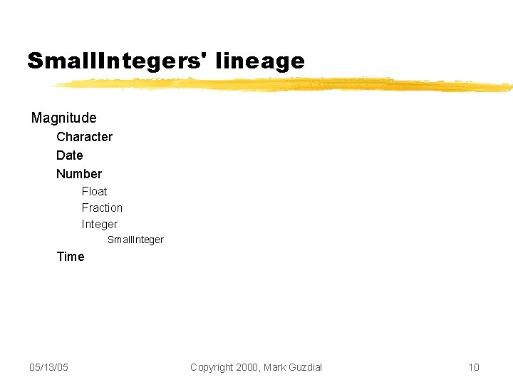 Small. Integers' lineage Magnitude Character Date Number Float Fraction Integer Small. Integer Time 05/13/05