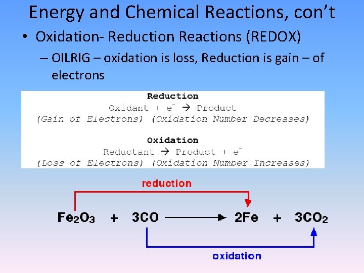 Energy and Chemical Reactions, con’t • Oxidation- Reduction Reactions (REDOX) – OILRIG – oxidation