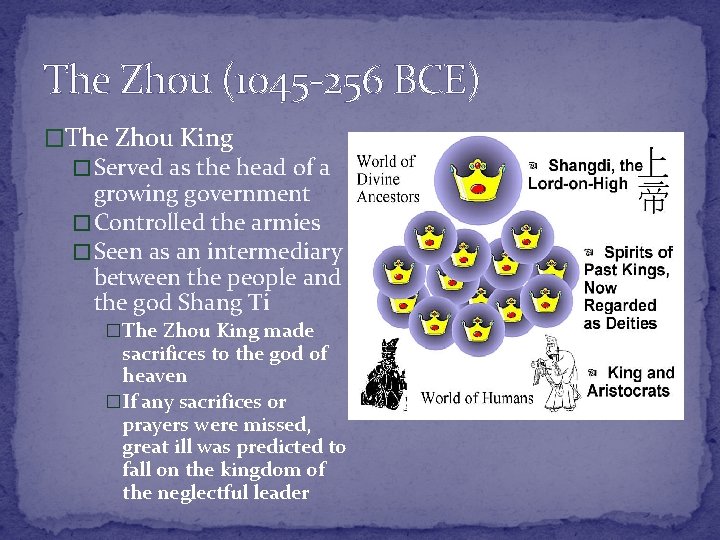 The Zhou (1045 -256 BCE) �The Zhou King � Served as the head of