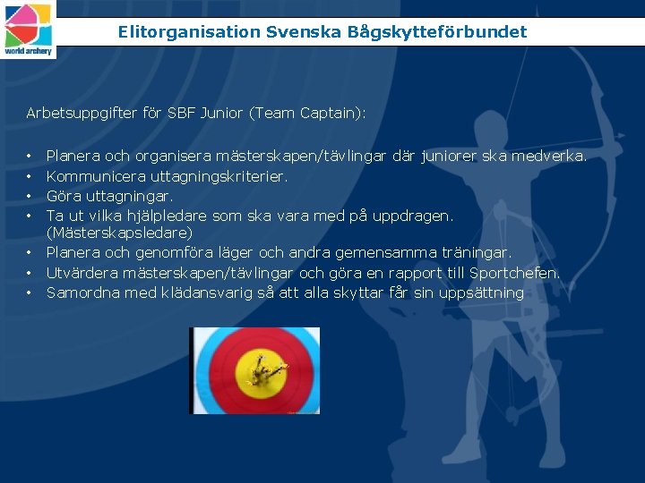 Elitorganisation Svenska Bågskytteförbundet Arbetsuppgifter för SBF Junior (Team Captain): • • Planera och organisera