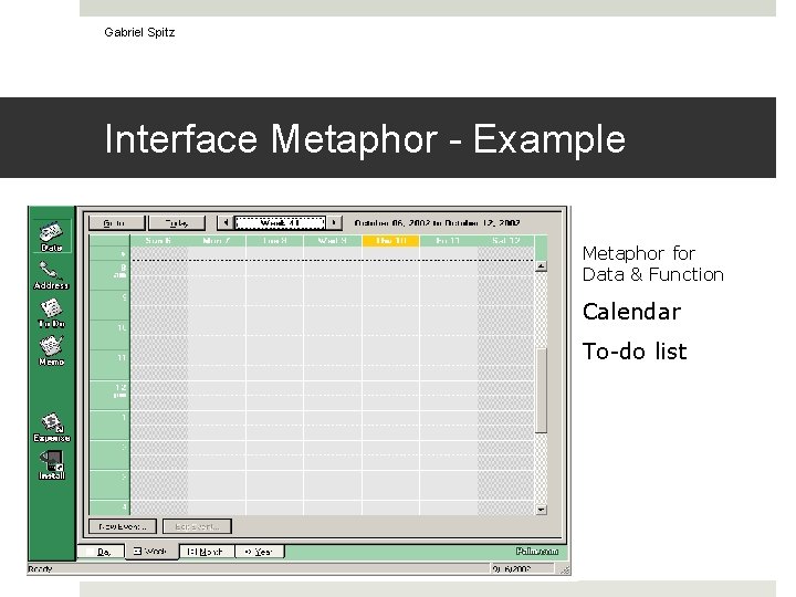 Gabriel Spitz Interface Metaphor - Example Metaphor for Data & Function Calendar To-do list