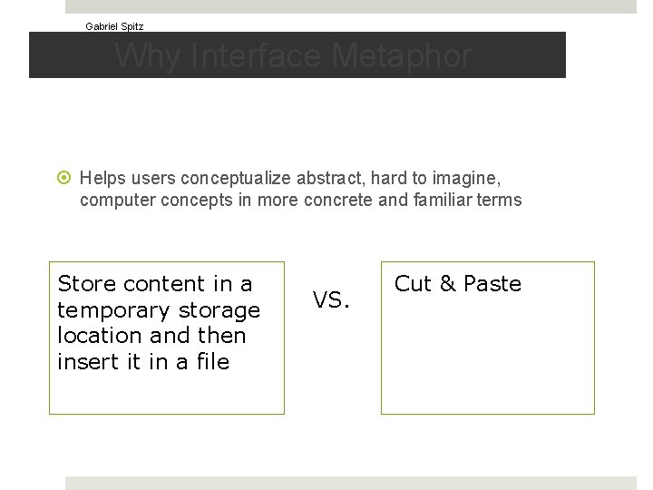 Gabriel Spitz Why Interface Metaphor Helps users conceptualize abstract, hard to imagine, computer concepts