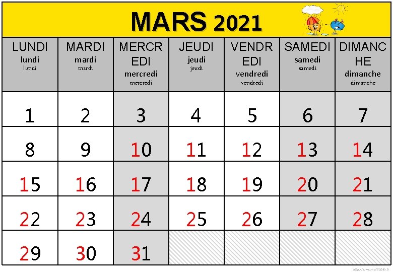 MARS 2021 LUNDI MARDI MERCR EDI lundi mardi 1 2 3 4 5 6