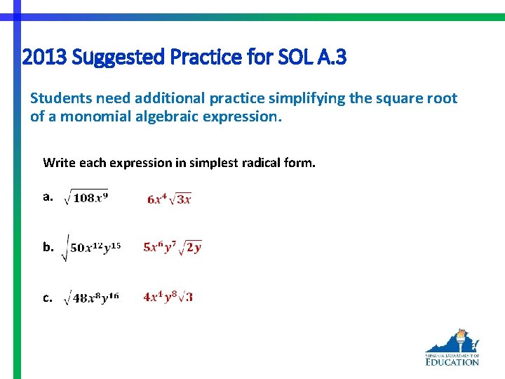 2013 Suggested Practice for SOL A. 3 Students need additional practice simplifying the square