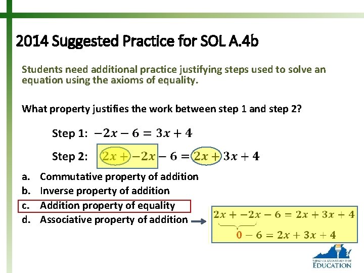 2014 Suggested Practice for SOL A. 4 b Students need additional practice justifying steps