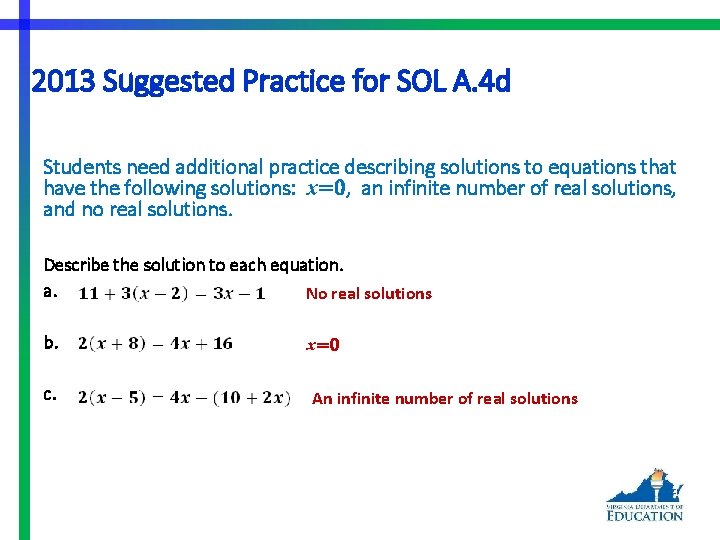 2013 Suggested Practice for SOL A. 4 d Students need additional practice describing solutions